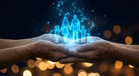 Cupped hands holding glowing blue holographic family figures with sparkling light effects against dark background with bokeh lights for protection concepts.