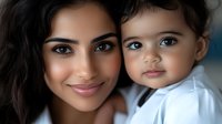 Young Indian mother and toddler daughter share tender moment in close-up portrait. Natural lighting highlights their matching dark eyes and warm smiles.