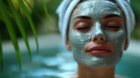 Woman with closed eyes enjoying spa facial clay mask treatment in tranquil setting with tropical plants and water background.
