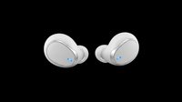 White wireless earbuds pair with blue indicator lights, isolated on transparent background, ready for t-shirt design, stickers, clipart, and print on demand use.