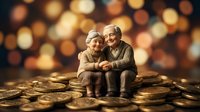 Miniature elderly couple sitting on pile of gold coins with bokeh background, symbolizing retirement savings and financial security.