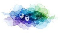 Cybersecurity concept with shield and lock icons on colorful watercolor background for digital protection and data security solutions.