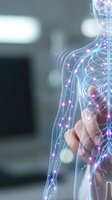 Human hand touching futuristic holographic neural network with glowing connections and data streams in modern medical technology concept.