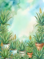 Watercolor aloe vera plants in terracotta pots with blooming flowers creating decorative border frame on soft blue green background for botanical design.
