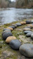 Smooth river stones arranged on mossy ground near flowing water creating peaceful zen meditation scene for wellness and mindfulness practices.