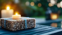Glowing tea light candle on natural stone holder with blue twine, creating peaceful spa atmosphere against soft bokeh background. Perfect for wellness design.