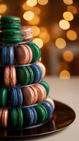 Colorful macarons tower on elegant stand with warm bokeh lights creating festive atmosphere for celebrations and gourmet dessert presentations.