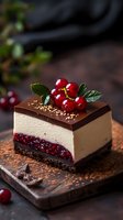 Elegant layered dessert slice with chocolate ganache, creamy mousse, red currant jam, and chocolate cookie base, garnished with fresh berries and cocoa powder.