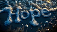 Word hope written in sand on beach with sea foam and pebbles at sunset, natural light creates dramatic shadows and texture on wet shoreline.