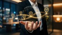 Professional businessman holding glowing customer satisfaction icons with connected network lines representing digital feedback and service quality management.