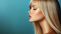 Side profile portrait of young blonde woman with closed eyes, glossy lips, and flawless makeup against turquoise background, showcasing natural beauty and glamour.