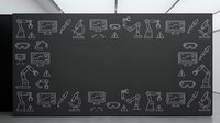 Science laboratory equipment icons frame on dark chalkboard background with copy space for educational content and scientific presentations.