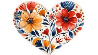 Floral heart arrangement with orange, red and navy blue flowers in folk art style, watercolor botanical composition on white background for valentines cards.