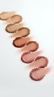 Makeup foundation powder swatches in various nude and brown skin tones arranged in curved pattern on white background for cosmetic beauty product testing.