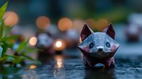 Origami paper fox craft sitting on wet pavement with bokeh lights creating magical evening atmosphere for creative arts and crafts projects.