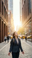 Young professional businesswoman walking confidently through urban city street at sunset with arms outstretched feeling freedom and success.