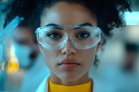 Young African American female scientist wearing protective eyewear in laboratory setting with soft blue lighting and yellow collar visible, expressing confidence and focus.