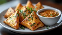 Crispy golden wontons filled with savory ingredients, garnished with fresh chopped herbs, served on white plate with spicy Asian dipping sauce.