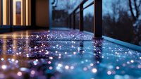 Glowing raindrops on reflective surface create magical bokeh effect at dusk, combining water droplets with ambient light for atmospheric mood on balcony or terrace.
