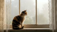 Tabby cat sitting on windowsill looking outside through lace curtains in cozy home interior with natural lighting for pet lifestyle content.
