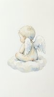 Watercolor baby angel with wings sitting on cloud, soft pastel colors, gentle spiritual artwork for nursery decor and religious themed designs.