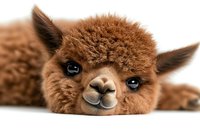 Adorable brown alpaca face close up with blue eyes lying down on white background, isolated portrait of young domestic camelid showing gentle expression.