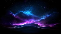 Mystical aurora-like waves in blue and purple colors dance across night sky over mountain silhouette, creating ethereal cosmic landscape with stars and nebula effects.