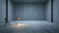 Empty concrete room with wooden chair and floor lamp casting warm light in minimalist industrial space for interior design and architectural visualization projects.