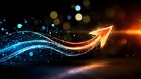 Glowing orange arrow with luminous blue wave trail on dark background with bokeh effect and sparkles, symbolizing growth, progress and digital transformation.
