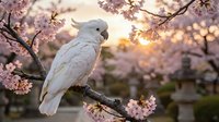 White cockatoo perched on blooming cherry blossom branch during golden hour sunset with soft pink flowers and warm bokeh background creating peaceful spring scene.