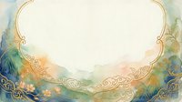 Vintage ornate frame with gold filigree border and watercolor landscape background featuring soft blue, green, and golden tones, isolated on white for design projects.
