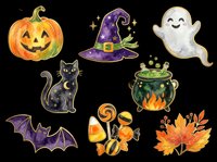 Watercolor Halloween clipart set with pumpkin, ghost, witch hat, black cat, bat, cauldron, candy, and fall leaves, isolated on transparent background for stickers and t-shirt design.