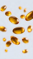 Golden omega-3 fish oil capsules floating in air against light background, showcasing translucent gel supplements in dynamic arrangement for health marketing.