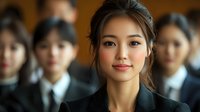 Young Asian businesswoman in formal attire with confident expression, standing out from blurred colleagues in background.
