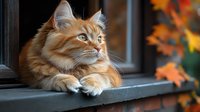 Majestic ginger Maine Coon cat with bright blue eyes resting on window sill, autumn maple leaves in soft bokeh background creating cozy seasonal atmosphere.