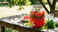 Fresh homemade strawberry lemonade in glass jar with mint leaves on wooden table outdoors for summer refreshment and healthy drinking.