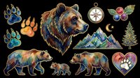 Watercolor bear clipart set with paw prints, mountains, compass, pine tree, and heart, isolated on transparent background. Great for stickers, t-shirt design, and print on demand.