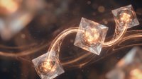 Glowing crystal cubes connected by flowing copper wires create futuristic energy network with warm light effects and bokeh background for tech designs.