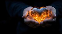 Glowing heart-shaped light held gently in cupped hands against dark background, symbolizing love, hope, and inner warmth. Magical romantic atmosphere.