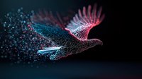 Glowing eagle silhouette with particle effect dissolving into sparkling dust against dark background, combining pink and blue neon colors for modern digital art design.