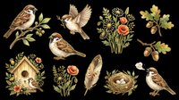 Vintage bird and botanical illustration set with sparrows, finches, feathers, wildflowers, acorns, birdhouse and nest. Isolated on transparent background, ready for t-shirt design, clipart, stickers and print-on-demand projects.