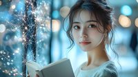 Young Asian woman reading book outdoors at dusk with magical fairy lights and bokeh effects creating dreamy atmosphere. Soft natural lighting enhances romantic mood.