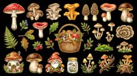 Mushroom and forest foliage collection isolated on transparent background. Includes various fungi species, woodland plants, ferns, berries, and a wicker basket. Ready for clipart, t-shirt design, stickers, sublimation, and print-on-demand projects.