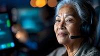 Senior Asian woman wearing headset smiling while working at night, illuminated by blue computer screens. Professional customer service representative in corporate office.