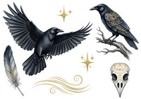 Black crow in flight with spread wings and perched raven with gold accents, isolated skull and feathers on white background for design, clipart, and decorative projects.