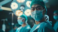 Asian male surgeon in operating room with surgical mask and cap looking at camera, dramatic lighting from surgical lamps creates atmospheric medical environment.