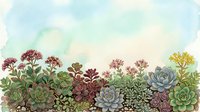 Watercolor succulent garden border with diverse cacti and desert plants in soft pastel tones on textured paper background for botanical design projects.