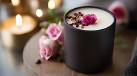Luxurious scented candle with pink rose petals and dried flowers in black container, surrounded by fresh pink roses and warm ambient lighting for spa relaxation.
