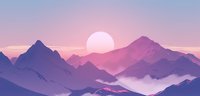 Tranquil mountain landscape at sunrise with pink and purple hues, silhouettes of peaks against misty horizon and large rising sun in pastel sky.