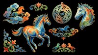 Ornamental horses and decorative flourishes in vibrant orange, blue, and teal with intricate swirls. Isolated on transparent background, ready for t-shirts, clipart, stickers, sublimation, and print-on-demand designs.